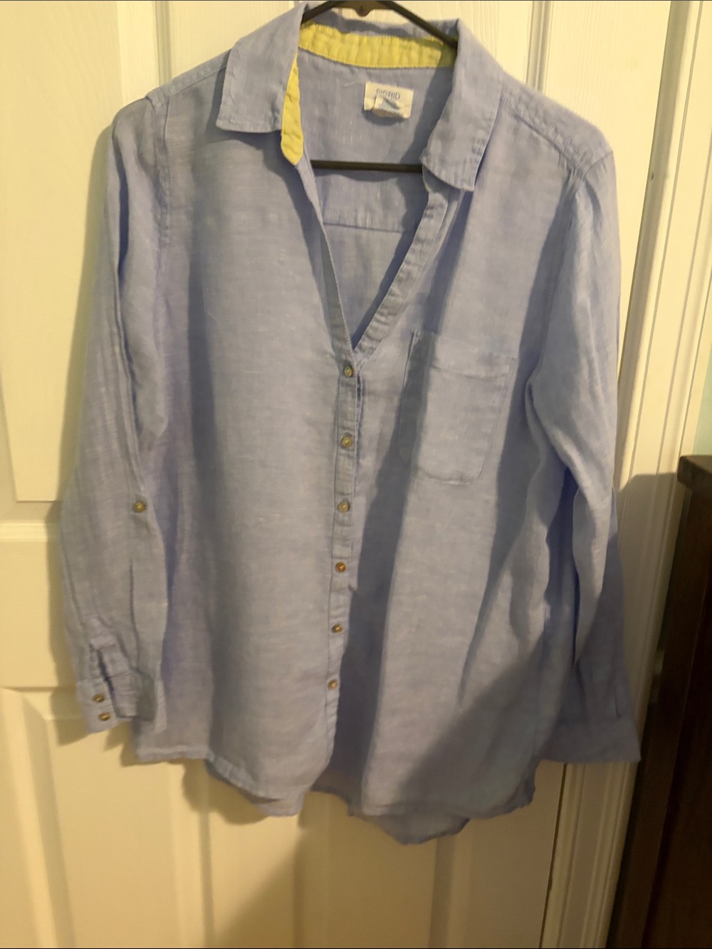 Sigrid Olsen Pale Blue Linen Button-Down Shirt with Yellow Collar Accent